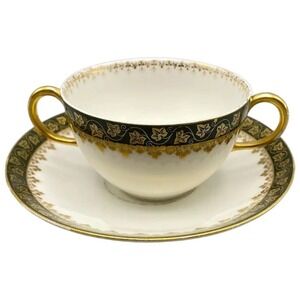 Ch Field Haviland Limoges Bouillon Cup & Saucer Dark Green Gold Ivy GDA France